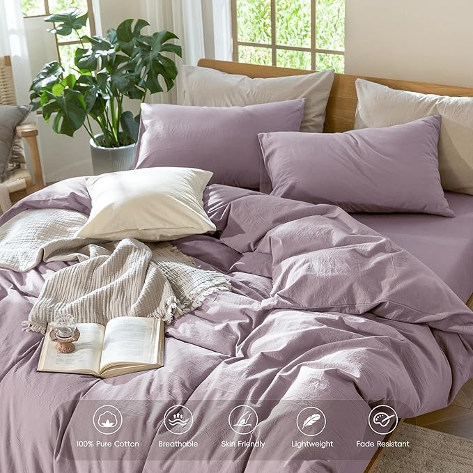 MooMee Bedding Duvet Cover Set 100% Washed Cotton Linen Like Textured Breathable Durable Soft Comfy (Solid Taro Purple, Alaska King 132"x120")