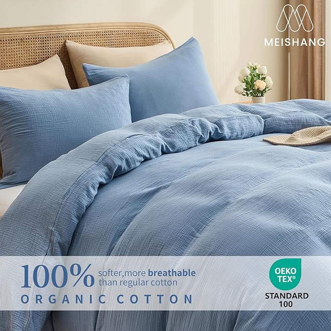 MEISHANG Muslin Duvet Cover Queen Size - 100% Organic Cotton, Soft Textured Gauze Weave Comforter Cover for Breathable All-Season with Zipper Closure - 3 Piece Set (Queen, Smoky Blue)