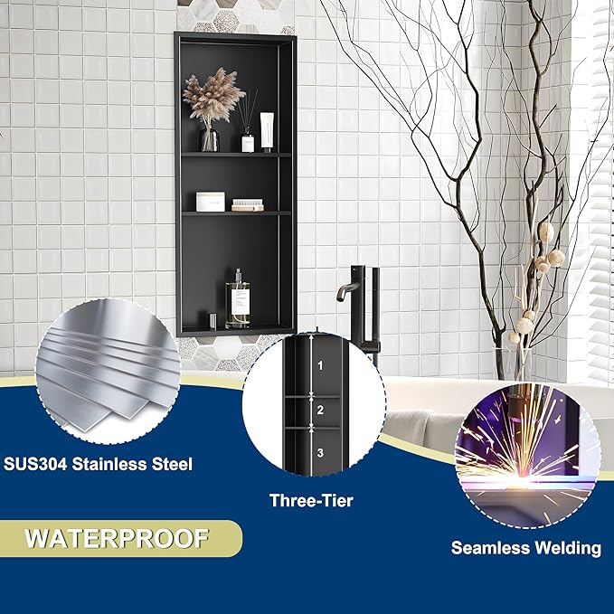 Stainless Steel Shower Niche 12" X 30", No Tile Needed Wall Niche Three-Tiers, Recessed Shower Shelf for Bathroom Storage, Matte Black
