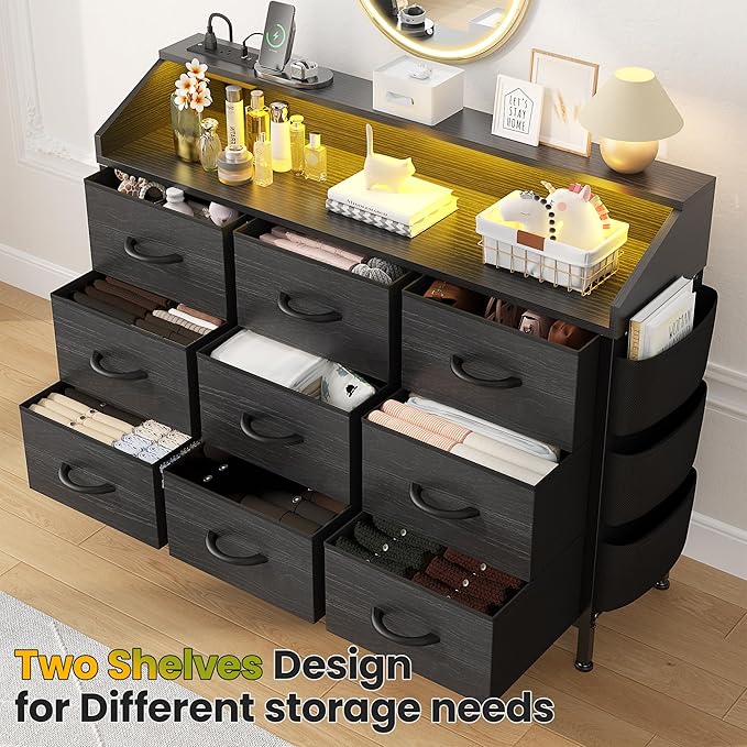 Lulive Black Dresser for Bedroom with LED Light and Power Outlets, 2-Tier Shelf Fabric Chests of Drawers for Closet, Entryway