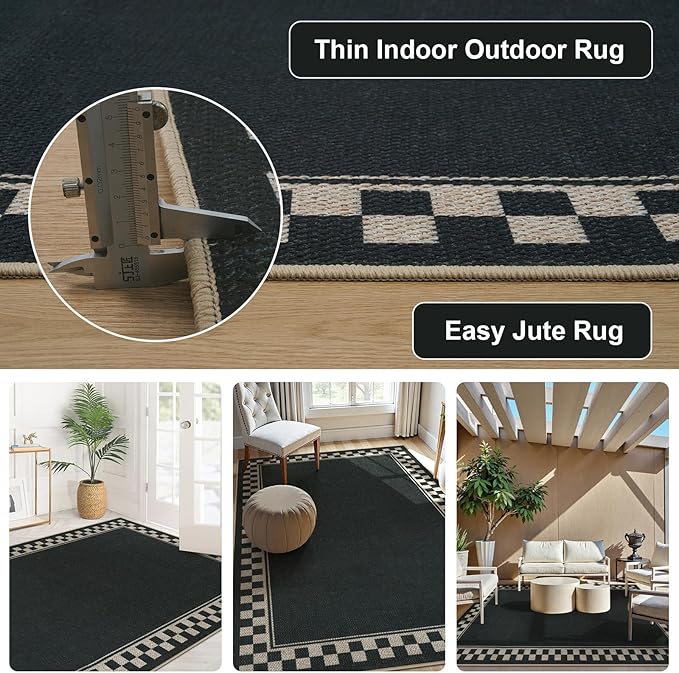OJIA Easy Jute Area Rug 8x10, Large Outdoor Patio Rugs Washable Rugs for Living Room Checkered Border Farmhouse Indoor Outdoor Carpet Modern Non-Slip Black Rug for Bedroom Backyard Office Decor