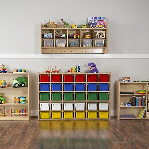 Contender 30-Cubby Montessori Cabinet with Assorted Bins Kids Shelf Organizer Made of Baltic Birch Plywood, Greenguard Gold Certified Storage Box, White