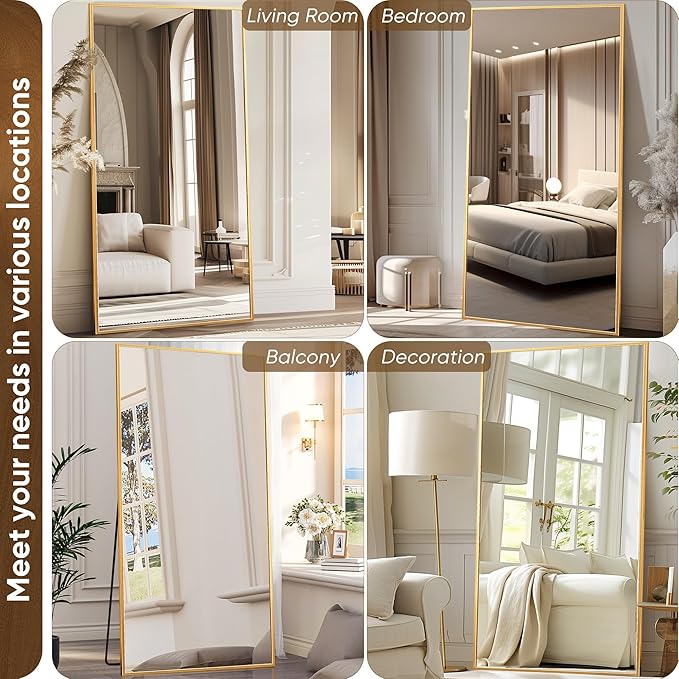 Antok Full Length Mirror, 78"x38" Floor Mirror with Stand, Hanging Mounted Mirrors for Bedroom, Living Room, Cloakroom, Dining Room, Gold, Rect