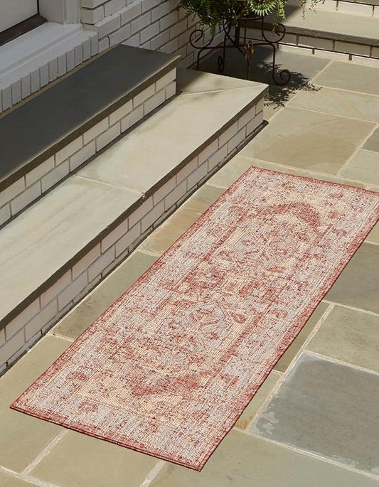 Unique Loom Outdoor Traditional Collection Area Rug - Valeria (2' x 8' Runner, Rust Red/ Ivory)