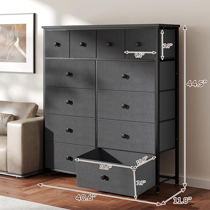 Dresser for Bedroom with 12 Drawers Tall Dressers for Bedroom Fabric Dressers & Chest of Drawers with Sturdy Metal Frame, Wood Top, for Woman, Closet, 40.6" W x 11.8" D x 44.5" H (Dark Grey)