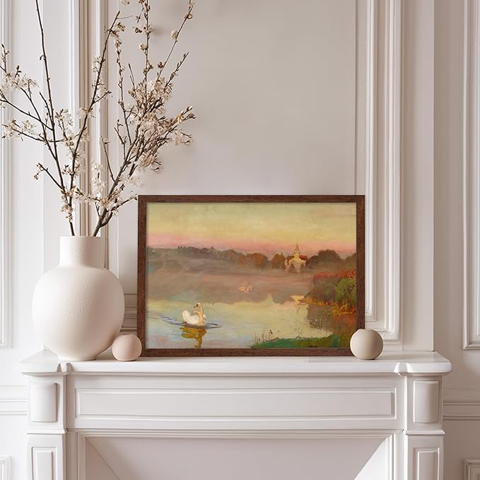 Poster Master Vintage Swan Print - Pond in Radziejowice Poster - Lake & Landscape Art - Farmhouse Wall Design - Animal Lover Art - Aesthetic Living Room or Office Decor - 8x10 Brown Framed