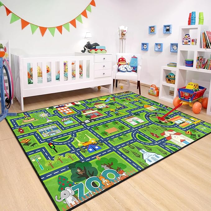 Car Rugs for Kids - Car Track Carpet for Boys Road Rug for Bedroom Road Map Carpet for Kids Toy Play Mat Farm, 3x5 Feet