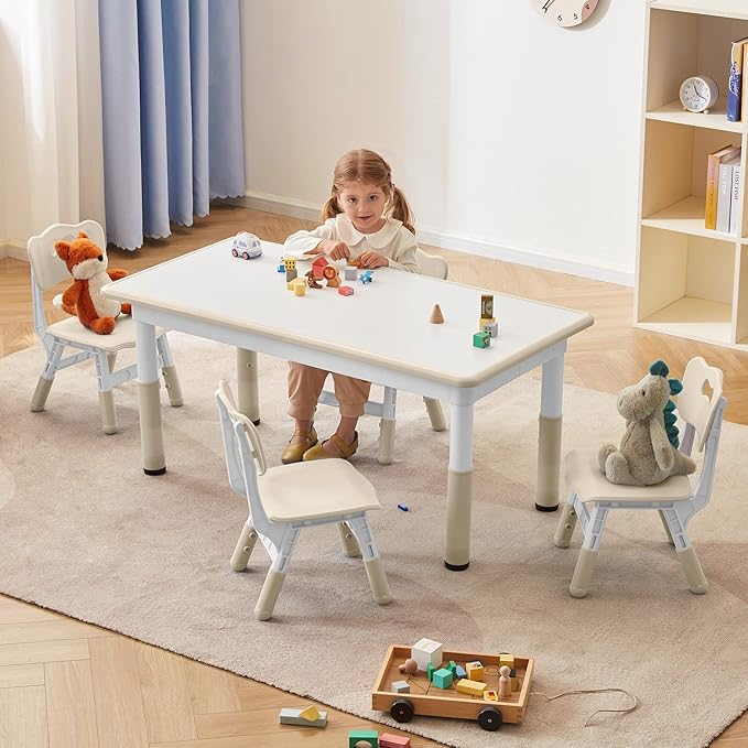 Toddler Table and Chairs Set for 4, 47.2''L x 23.6''W Kids Study Table and Chair Set, Height-Adjustable, Graffiti Desktop, Children Activity Table for Daycare, Classroom, Home