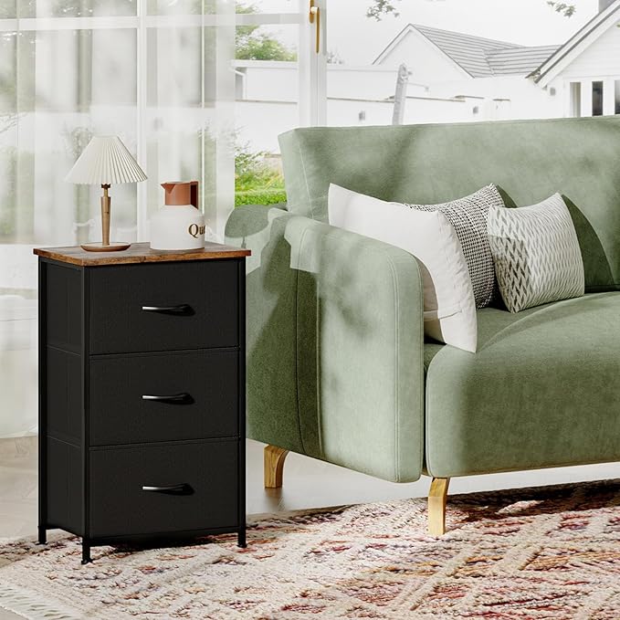 Somdot Small Dresser for Bedroom with 3 Drawers, Nightstand Storage Chest of Drawers with Removable Fabric Bins for Closet Bedside Living Room Laundry Entryway Hallway, Black Rustic Brown