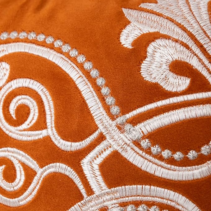 Aeckself European Floral Pillow Cover 16x16 Inch, Luxury Velvet Embroidered Decorative Throw Pillow Cover for Couch Bedroom Living Room, Burnt Orange and White