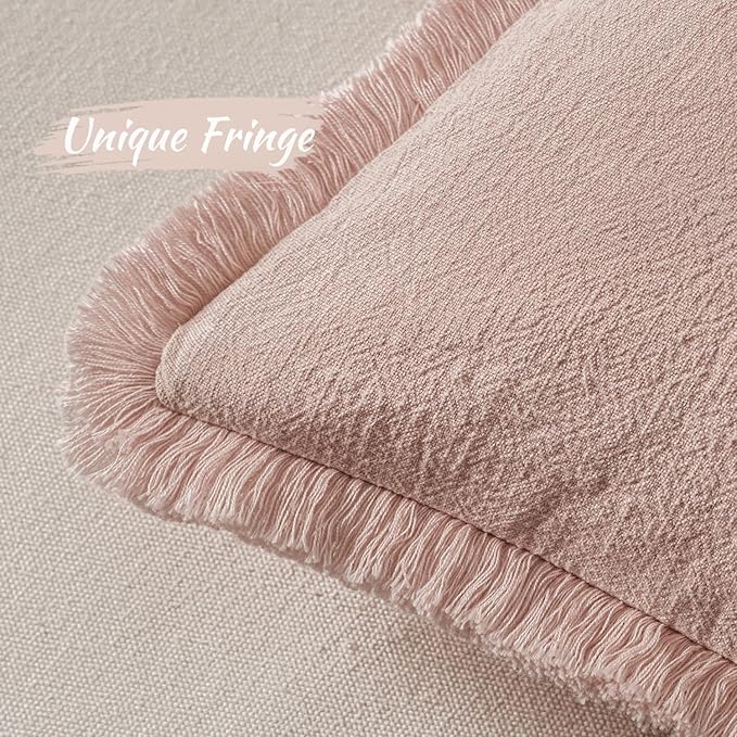 MIULEE Decorative Throw Pillow Covers Neutral Linen Fringe Throw Pillows Set of 2 Light Pink Boho Farmhouse Cushion Covers for Couch Sofa Bed Living Room Spring Home Decor 18x18 Inch