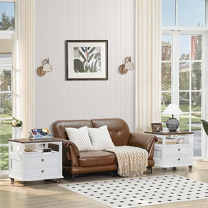 Farmhouse Nightstand Set of 2 with Charging Station, 24" Wide End Table with 2 Drawers,Dresser for Bedroom,Bed Side Table Chest of Drawers Cabinet,Wood White Night Stand for Living Room
