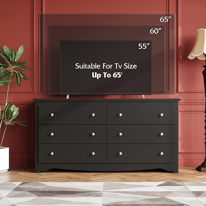 WLIVE Black Dresser with 6 Drawer, 59" Wide Chest of Drawers for Bedroom, Wood Long Nightstand with Drawers, Modern Large Storage Tower Unit, Closet Store Organizer for Living Room