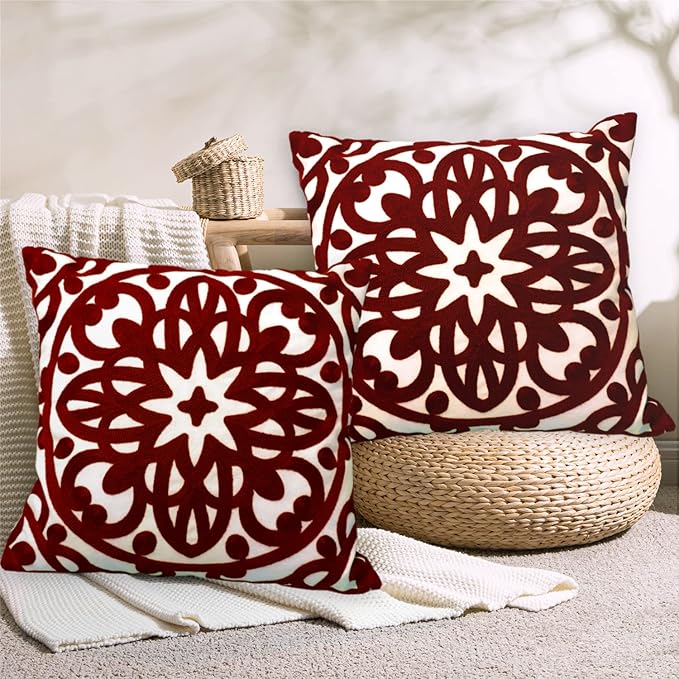 Alysheer Embroidered Decorative Throw Pillow Covers 18"x18" Set of 2 Pieces, Cozy Warm Boho Mandala Knit Pattern, Durable 100% Cotton Canvas Cushion Cases for Sofa Couch Living Room(Burgundy Red)