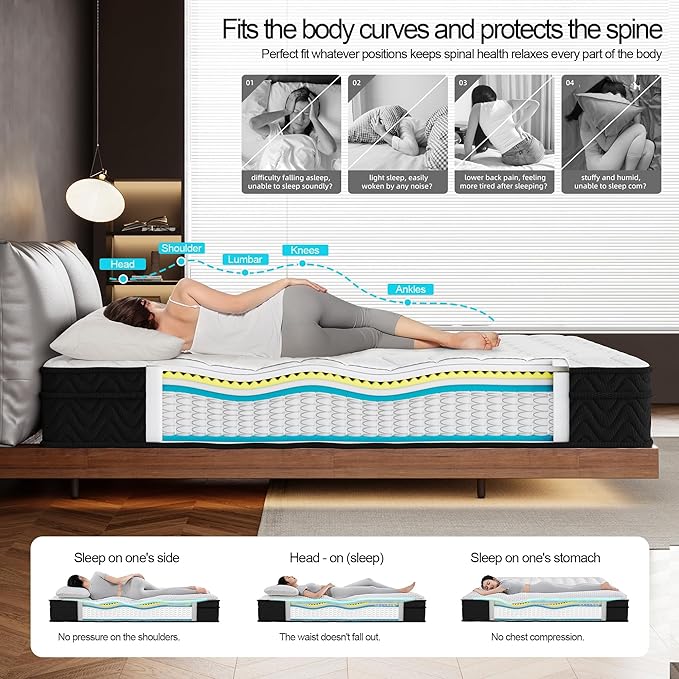 Queen Mattress, 10-in Deluxe Hybrid Mattresses, Memory Foam Mattress in a Box, Individual Pocket Spring-Motion Isolation-Medium Firm-Extra Edge Support, CertiPUR-US, 365 Nights Trial