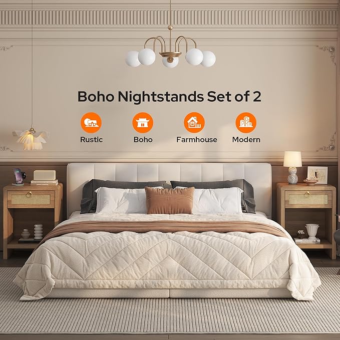 Rattan Nightstand Set of 2, Nightstand with Charging Station, Boho Bedside Table End Table with Drawer and Storage Shelf, Wood End Table Night Stand for Bedroom, Small Space, Natural Oak