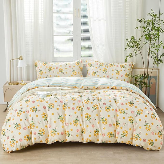 SAPHREAS Yellow Floral Duvet Cover Set Garden Style Botanical Bedding Comforter Cover Set 100% Cotton 1 Duvet Cover 68"x90" 1 Pillow Sham, Comforter Not Included