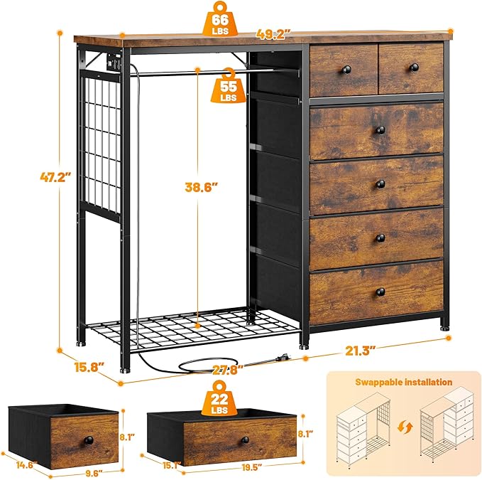 EnHomee 49.2" W Dresser with Hanging Rack & 6 Fabric Drawers – Wooden Top Storage Unit Featuring LED Lights, Charging Station & Grid Panel for Bedroom or Closet, Rustic Brown