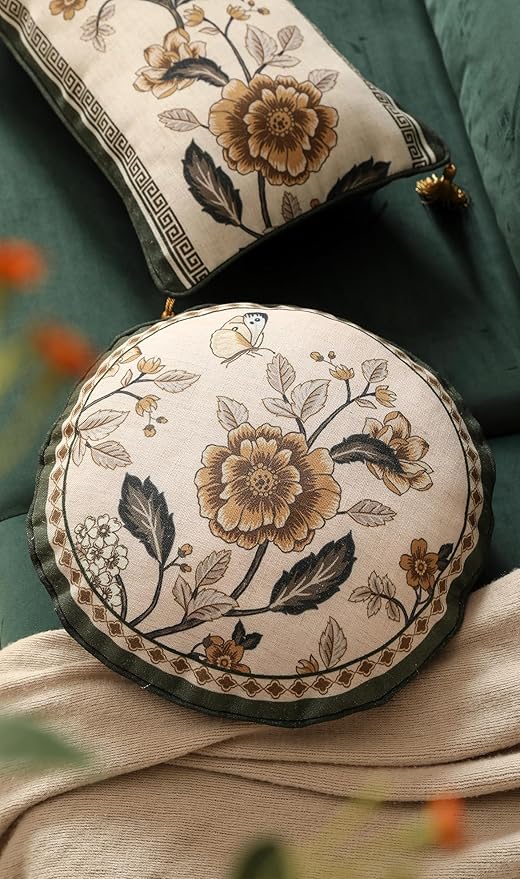 Design Linen Chinoiserie Round Throw Pillow Covers Diameter 16", Farmhouse Cushion Covers with Yellow Floral Birds Pattern Decoration Pillowcases for Bed,Living Room,Outdoor,Car