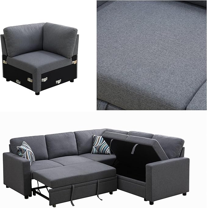 FONTOI L Shaped Sectional Couch with Pull Out Bed, Convertible Sleeper Sofa Bed Couch with Storage, Modern Modular L Shaped Sofa for Living Room, Bedroom, Apartment, Grey