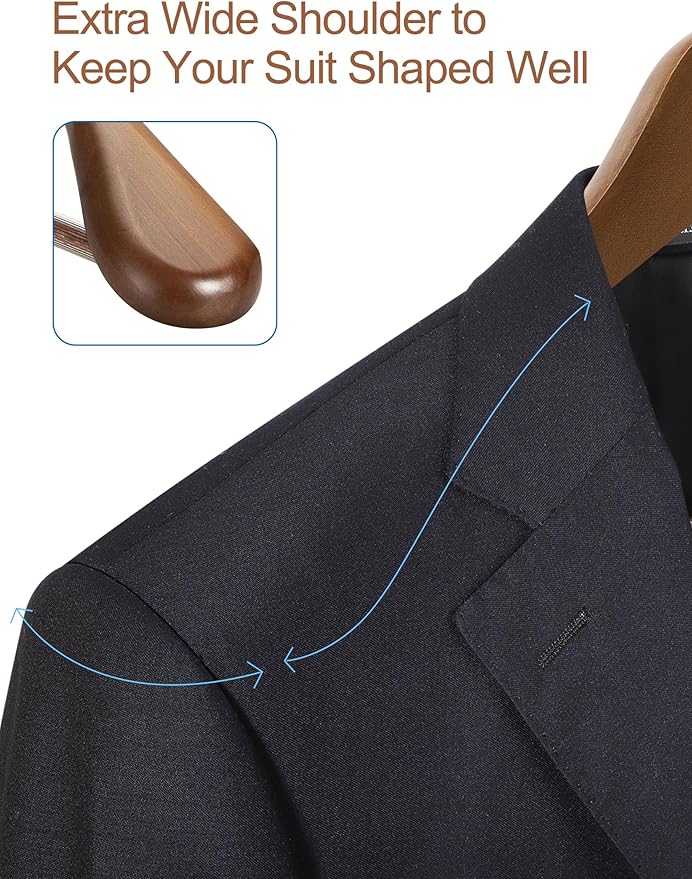 HOUSE DAY Wide Shoulder Wooden Hangers 12 Pack, Wood Suit Hangers for Men with Non Slip Pants Bar, Smooth Finish Solid Wood Coat Hanger for Jacket, Pants, Dress, Heavy Clothes Hanger (Walnut)