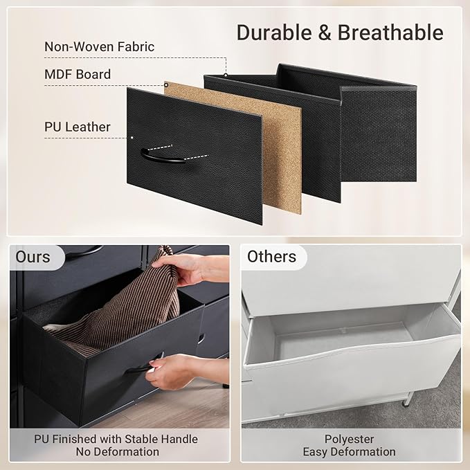 ELYKEN Black Dresser for Bedroom with LED Light & Charging Station, 9 PU Finish Fabric Drawers Dressers & Chest of Drawer with USB Outlet for for Entryway Closet Living Room Hallway
