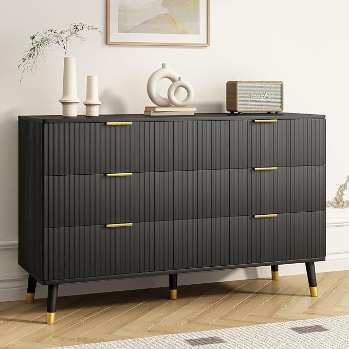 Black Dresser, Fluted 6 Drawer Dresser for Bedroom, Wooden Modern Chest of Drawers with Gold Metal Handles, Black