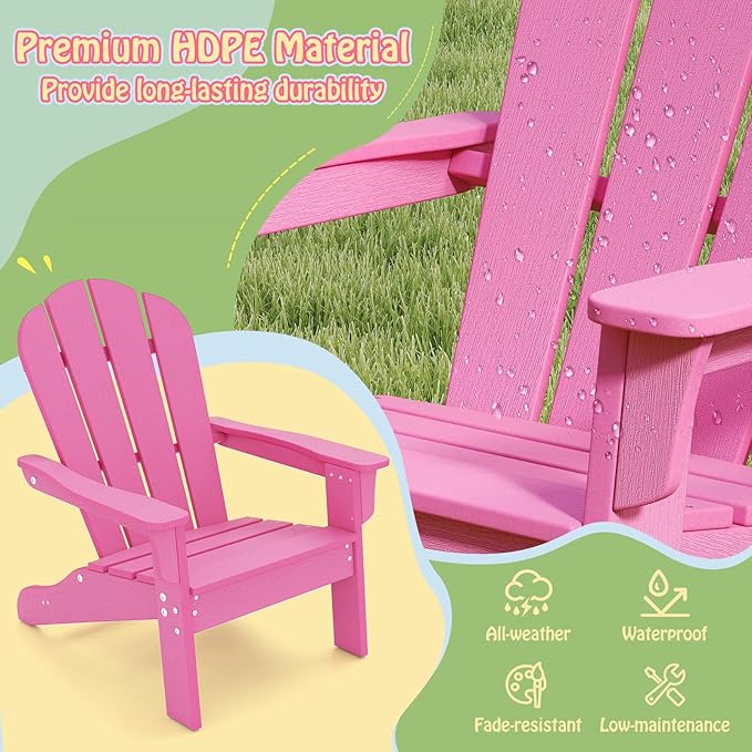 Giantex HDPE Kids Adirondack Chair - All-Weather Lawn Toddler Chair with Ergonomic Design, Children’s Outdoor Chair for Toddlers Ages 3-8, Kid’s Patio Furniture for Deck, Garden (4, Pink)