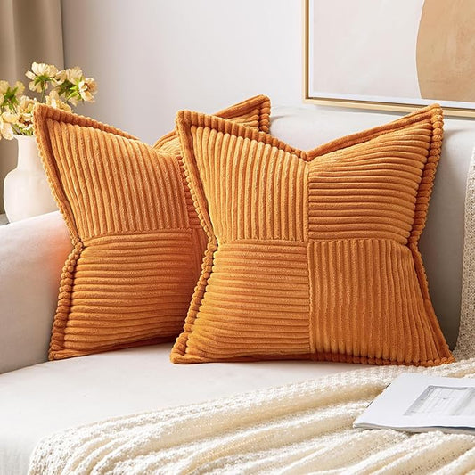MIULEE Burnt Orange Fall Decorative Throw Pillow Covers for Couch Bed Livingroom 16x16 Inch Set of 2 Boho Accent Throw Pllows Broadside Striped Patchwork Soft Corduroy Pillowcases