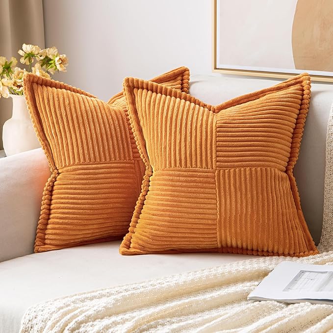 MIULEE Burnt Orange Fall Decorative Throw Pillow Covers for Couch Bed Livingroom 20x20 Inch Set of 2 Boho Accent Throw Pllows Broadside Striped Patchwork Soft Corduroy Pillowcases