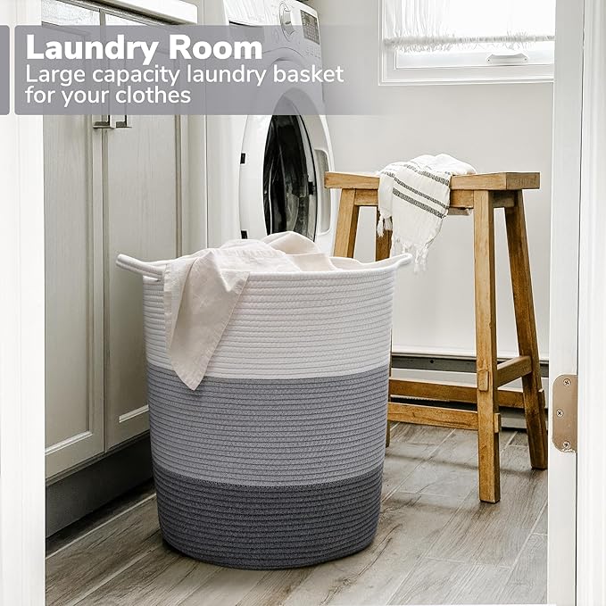 INDRESSME Tall Laundry Basket Woven Baby Hamper and Nursery Hamper, Cotton Rope Toy Baskets with 65L Capacity, Large Storage Baskets for Clothes, Blankets, Toys in Living Room, Bathroom, Bedroom