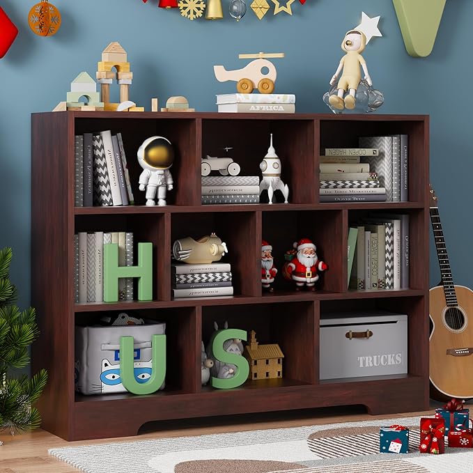 Book Shelf for Kids, 10 Cubes Storage Organizer Montessori Bookshelf, 3-Tier Wooden Kids Bookcase, Toy Storage Organizer for Children, Cherry Toddler Bookshelf Cube Shelf for Kid’s Room, Classroom