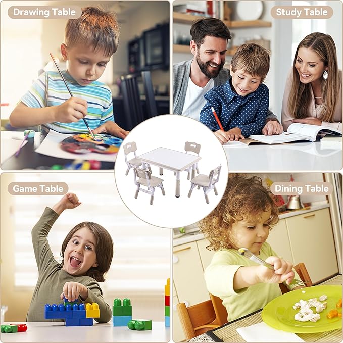 Height-Adjustable Kids Table and 4 Chairs Set, Toddler Table and Chair Set with Graffiti Desktop, 31.5''L x 23.6''W Children Activity Table for Daycare, Classroom, Home