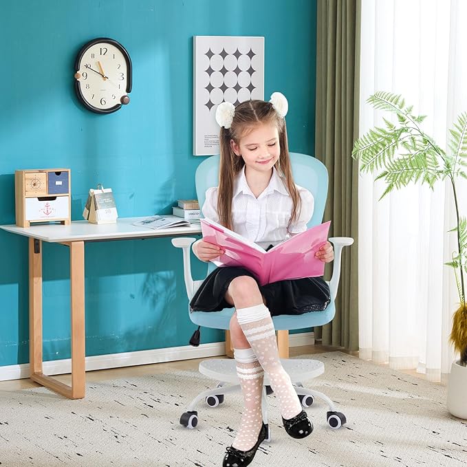 Kids Desk Chair Ergonomic Study Chair Swivel Mesh Desk Chair with Adjustable Arm Height Footrest Wheel Computer Home Office Chair for Children Boys Girls Students Bedroom School Age 5-13 Grey