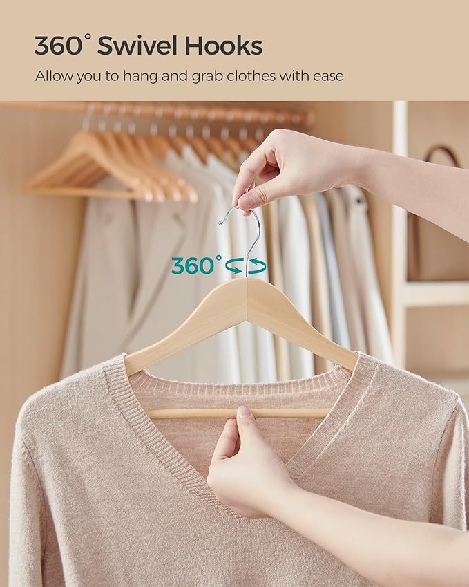 SONGMICS Wooden Hangers, Pack of 24, Coat Hangers, Non-Slip, Pants Bar, 360° Swivel Hooks, for Jackets, Shirts, Coats, Natural Beige UCRW010N24
