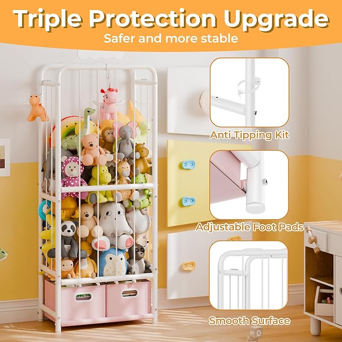 GRANNY SAYS Stuffed Animal Storage Tube with 2 Toy Bins, Plushies Storage, Toy Organizer Holder with Elastic Band and Hooks, Metal Stuff Animal Storage, Kids Toy Storage Organizer for Bedroom Playroom