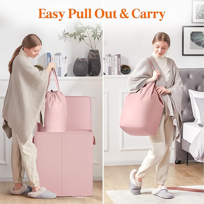 Lifewit Double Laundry Hamper with Lid and Removable Laundry Bags, Large Collapsible 2 Dividers Dirty Clothes Basket with Handles for Bedroom, Laundry Room, Closet, Bathroom, College, 155L Pink