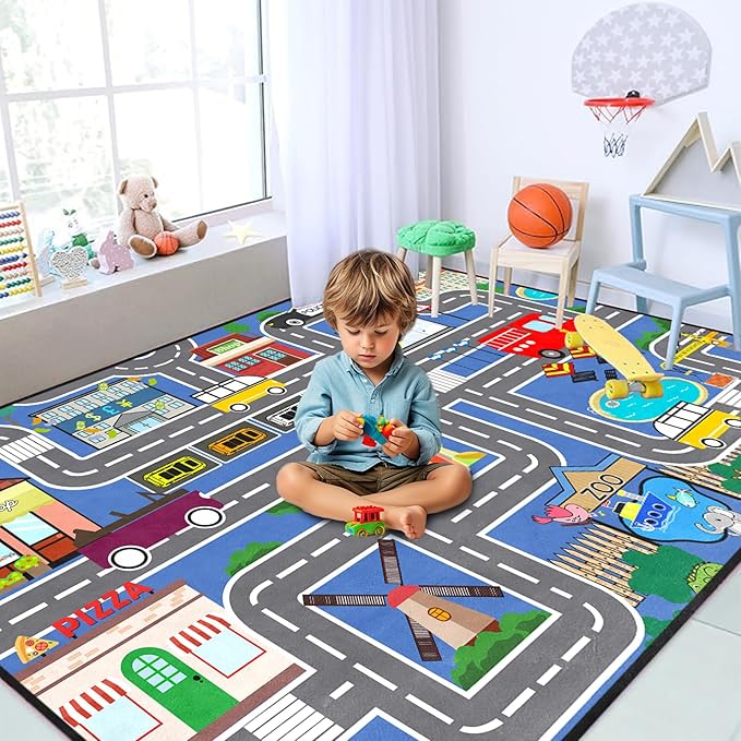 Car Rugs for Kids Toy - Car Track Carpet for Boys Road Rug for Bedroom Road Map Carpet for Kids Toy Play Mat Farm, 4. 5x6 Feet