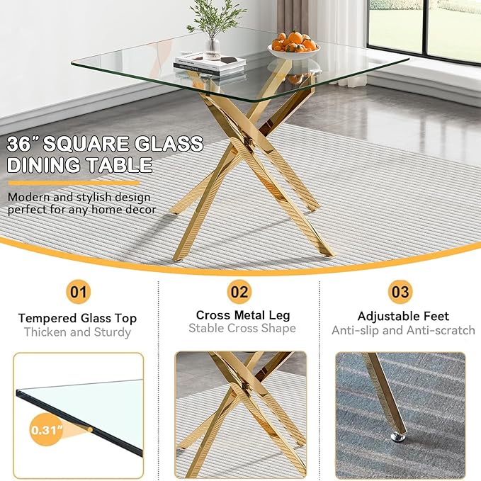 Goujxcy Glass Dining Table Set for 4, Modern Kitchen Table and Chairs Set of 4, 5-Piece Kitchen Dining Room Table Set w/36 Square Gold Glass Dining Table and 4 Green Velvet Upholstered Chairs