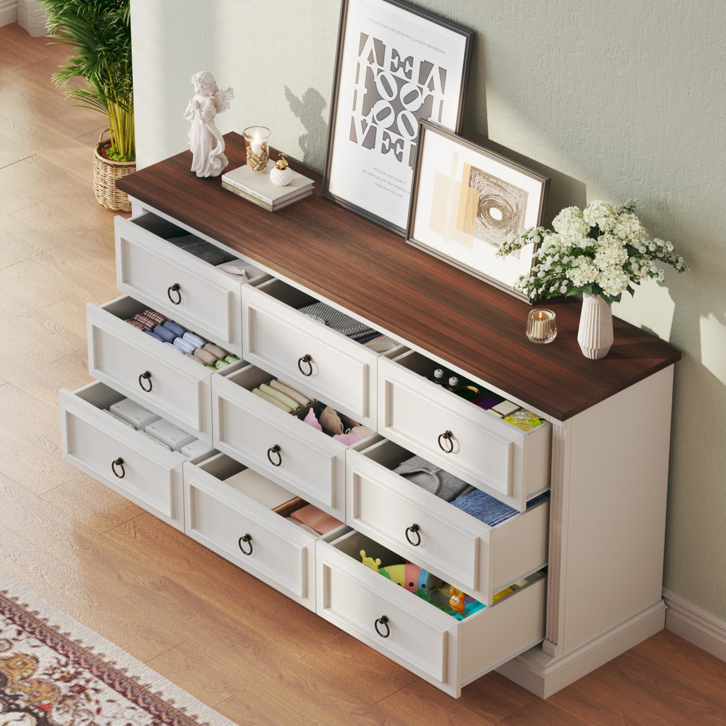 HUAHUU Farmhouse 9 Drawer Dresser for Bedroom, 60" Wide Wood Dresser with Roman Column, Chest of Drawers with Antique Bronze Circle Handles, Storage Organizer for Living Room, Hallway, Entryway, White