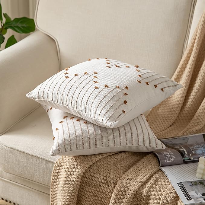 Caflife Boho Throw Pillow Covers 24x24 Set of 2 Decorative Pillows for Bed, Neutral Pillow Covers Beige with Brown Line Throw Pillows for Modern Farmhouse Couch Sofa Living Room Outdoor