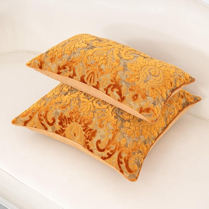 Alerfa Boho Orange Floral Throw Pillow Cover 20x20 Inch Cut Velvet Sqaure Luxury Embroidered Decorative Pillow Cover for Couch Living Room Bedroom