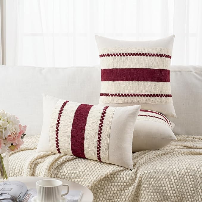 Fancy Homi Set of 2 Burgundy Boho Long Lumbar Decorative Throw Pillow Cover 12x24 Inch for Couch Bed Sofa, Aesthetic Modern Farmhouse Christmas Room Decor, Soft Cotton Cute Wind Red Cushion Case