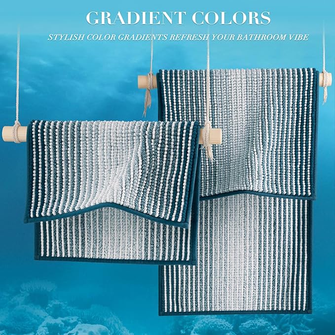 BSICPRO Bathroom Rugs and Mats Sets, 2 Piece Thick Absorbent Chenille Bath Mat Rug Set Non Slip, Soft Shaggy Bath Room Floor Mats for Bathroom, Machine Washable (Teal, 20" x 32" Plus 16" x 24")