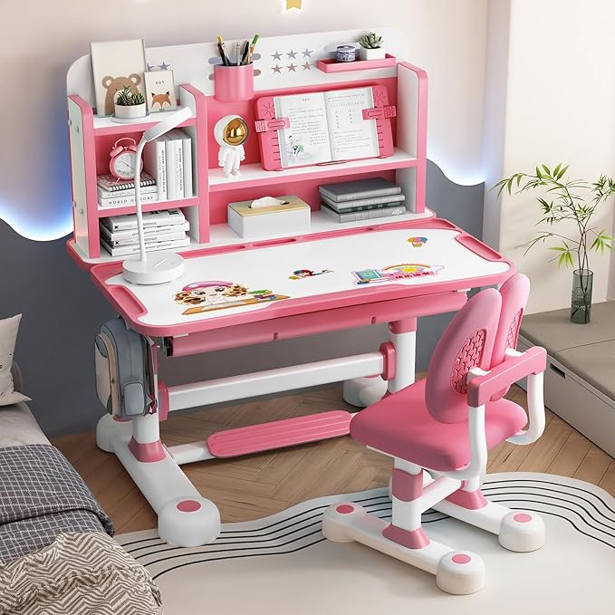 Gifts for Kids, Kids Desk and Chair Set, Desk for Kid 3-12, Multi-Functional Storage and Spacious Desktop for Learning, Painting, Eating, DIY Crafts Pink Clearance