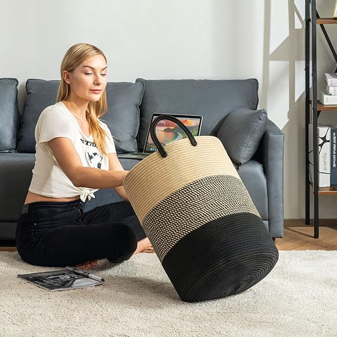 Woven Rope Laundry Hamper Basket, 100L Tall Laundry Basket, Baby Nursery Hamper for Blanket Storage, Clothes Hamper for Laundry in Bedroom-Extra Large-Black Brown