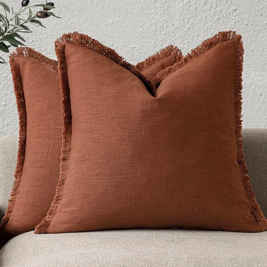 Foindtower Set of 2 Decorative Linen Fringe Throw Pillow Covers Boho Farmhouse Cushion Cover with Tassels Soft Accent Pillowcase for Couch Sofa Bed Living Room Home Decor, 26×26 Inch, Fall Rust Orange