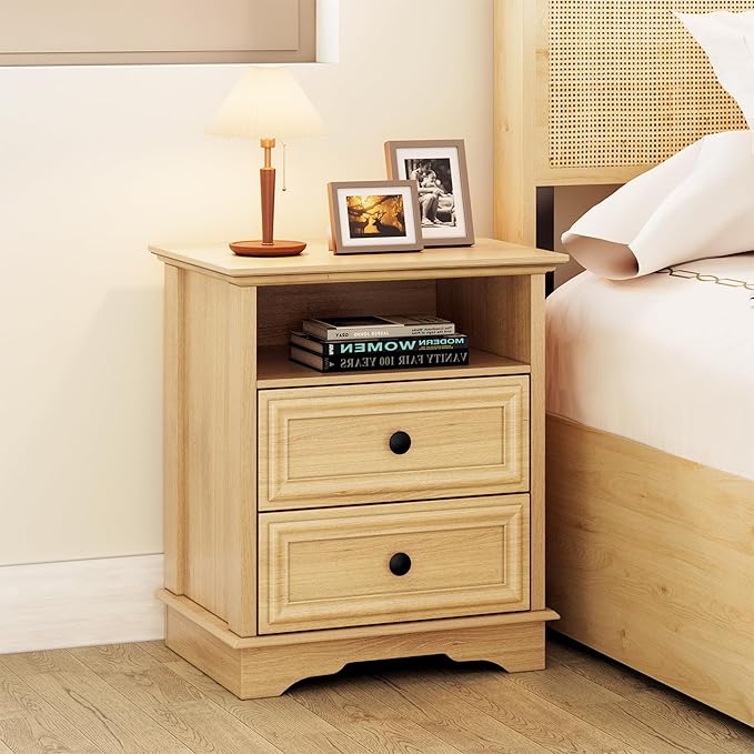 XIAO WEI Nightstand with Hidden Drawer Set of 2, 2-Drawer Nightstand with Open Shelf – Sturdy Wood Bedroom End Table for Storage, Modern Furniture for Bedroom Organization,Natural Wood