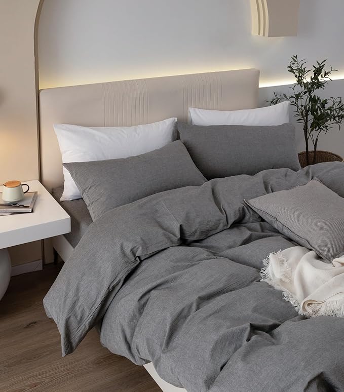 JIYUAN 100% Washed Cotton Duvet Cover Set 3 PCS Oversized Queen, 1 Duvet Cover 98"x98" (Comforter Not Included) and 2 Pillowcases,Linen Feel Bedding Set Comfy and Breathable, Heathered Dark Grey