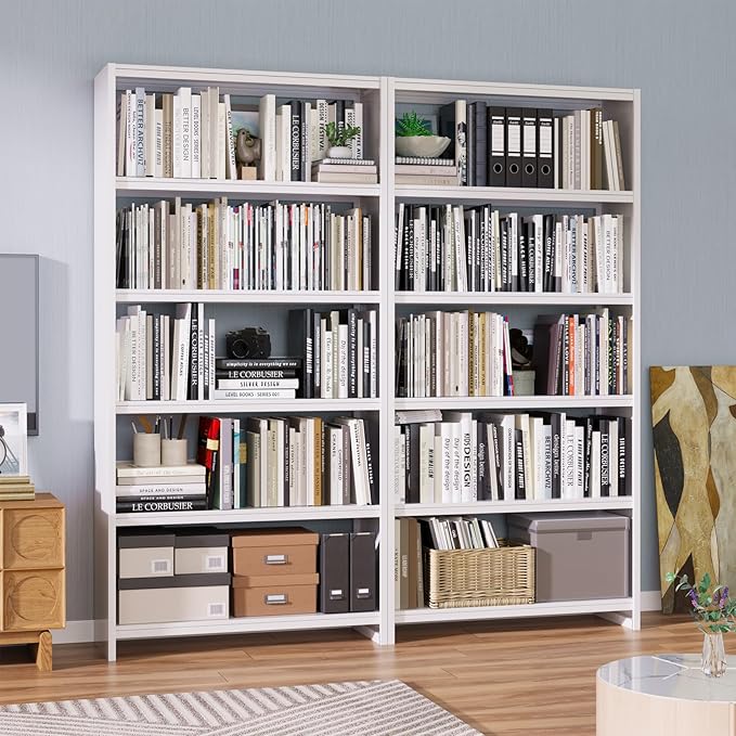 5-Tier Bookshelf, White Bookshelf with Storage Shelves, Metal Bookshelves, 69" Tall Bookcase for Living Room, Library, Office, Bedroom, Including Book Stopper,Simple Assembly